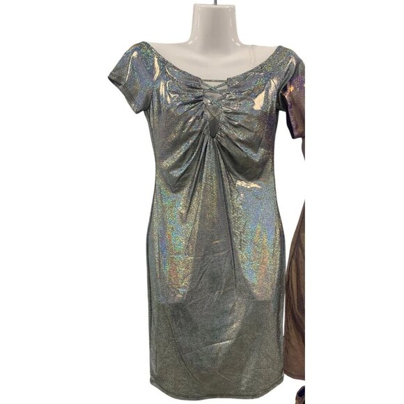 Metallic Off-Shoulder Lace-Up Mini Dress S/M/L Black & Purple I - Picture 2 of 5